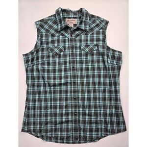 Wrangler Women's Sleeveless Plaid Snap Button Shirt Blue Black Western Size L